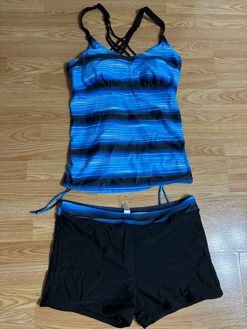 Blue Striped Tankini Top & Black Swim Shorts Set